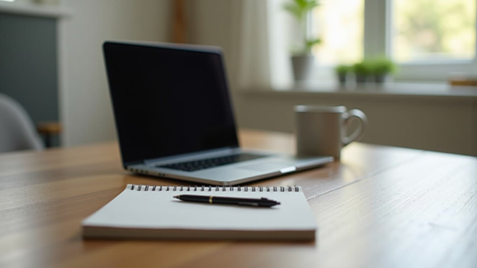 Notebook fino e aberto sobre uma mesa de trabalho, visto de lado, ao lado de um caderno e uma xícara