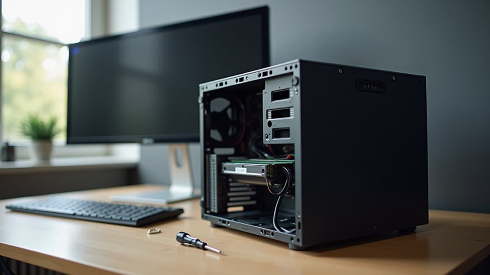 Gabinete de computador aberto sobre uma bancada de madeira, com a placa-mãe à mostra e um monitor apagado ao fundo