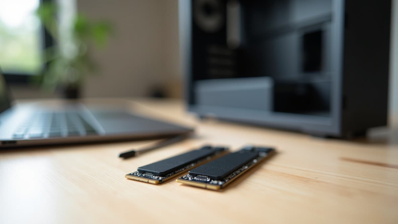 Dois SSDs M.2 lado a lado sobre uma bancada de madeira, com um gabinete aberto desfocado ao fundo
