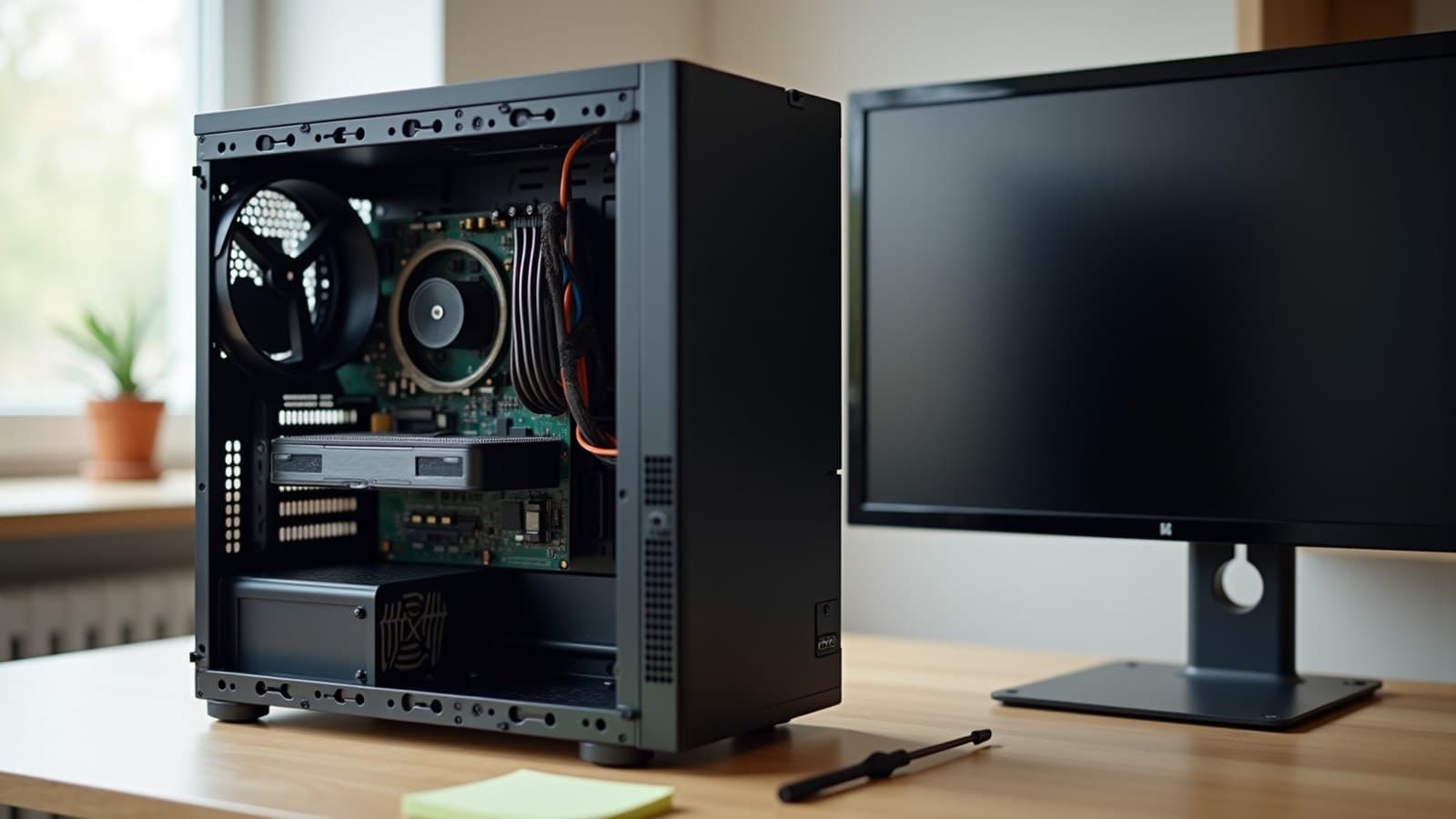 Gabinete de computador de mesa com a tampa lateral aberta sobre uma bancada, ao lado de um monitor apagado e uma chave de fenda