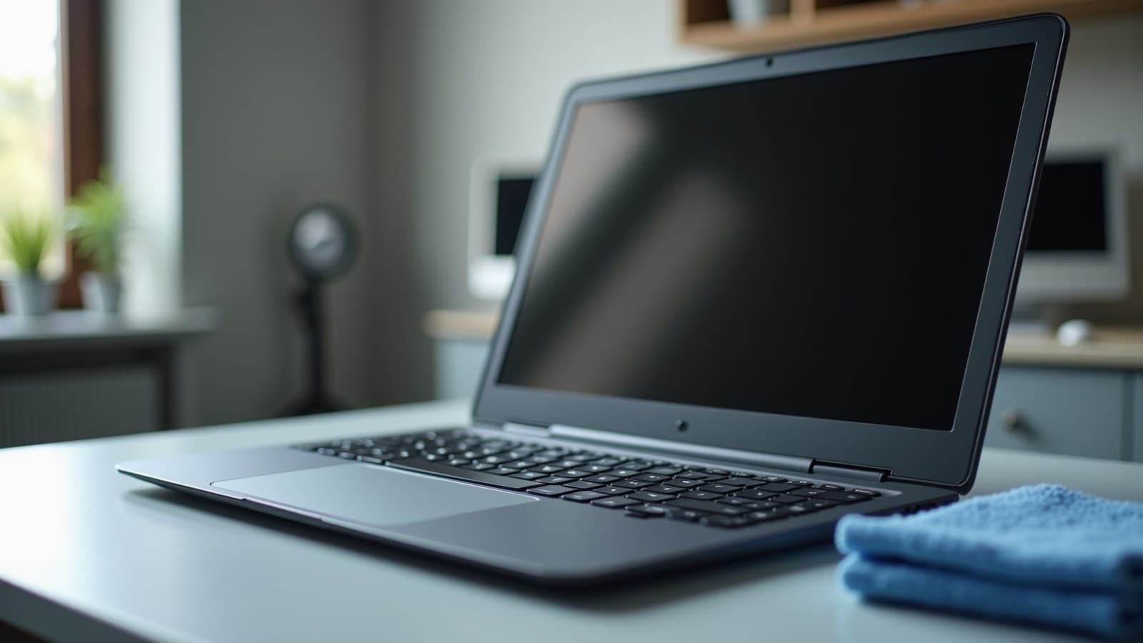 Notebook preto de plástico aberto sobre uma bancada clara, com a tela apagada e um pano de microfibra dobrado ao lado