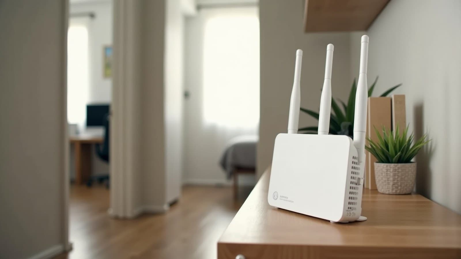 Roteador Wi-Fi branco com antenas sobre uma estante de madeira, com a porta de outro cômodo ao fundo