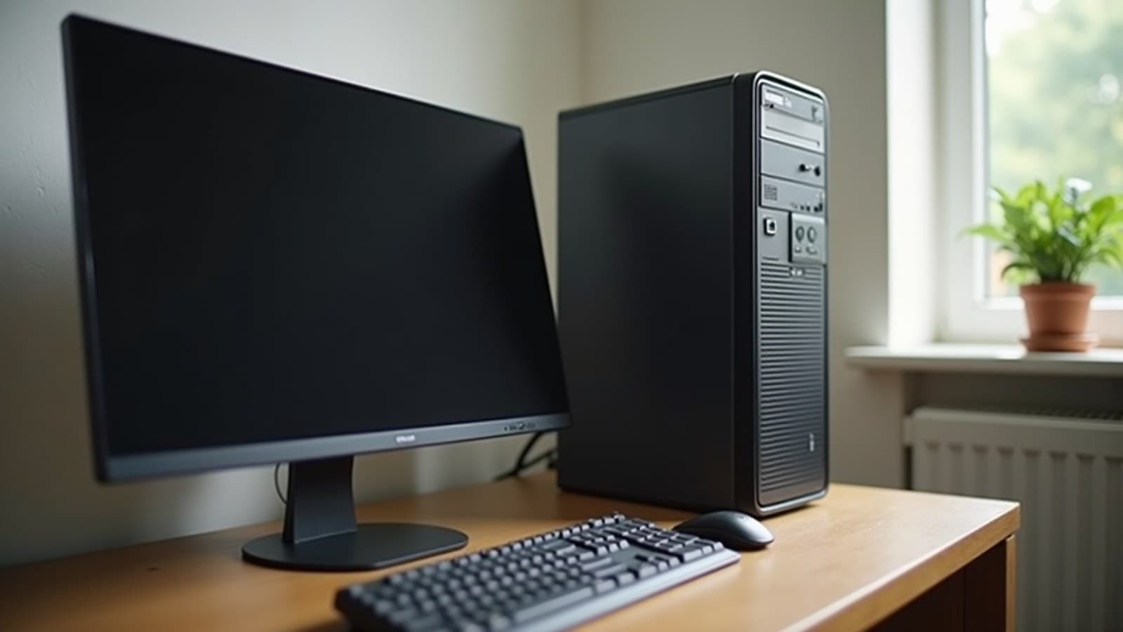 Computador de mesa mais antigo em um escritório de casa, com o monitor apagado sobre a mesa