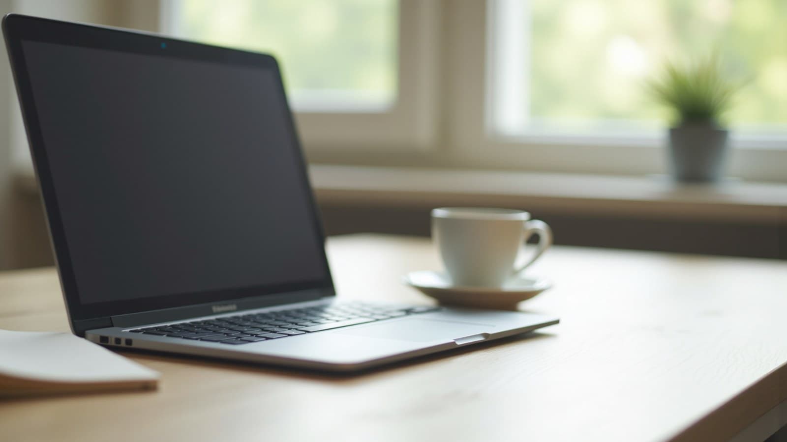 Notebook aberto sobre uma mesa de escritório, visto de lado, com a tela apagada e uma xícara ao lado