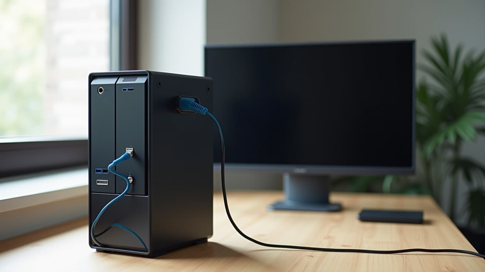 Gabinete de computador de mesa fechado sobre uma bancada de madeira, com um monitor apagado ao lado e um cabo de rede ligado na parte de trás