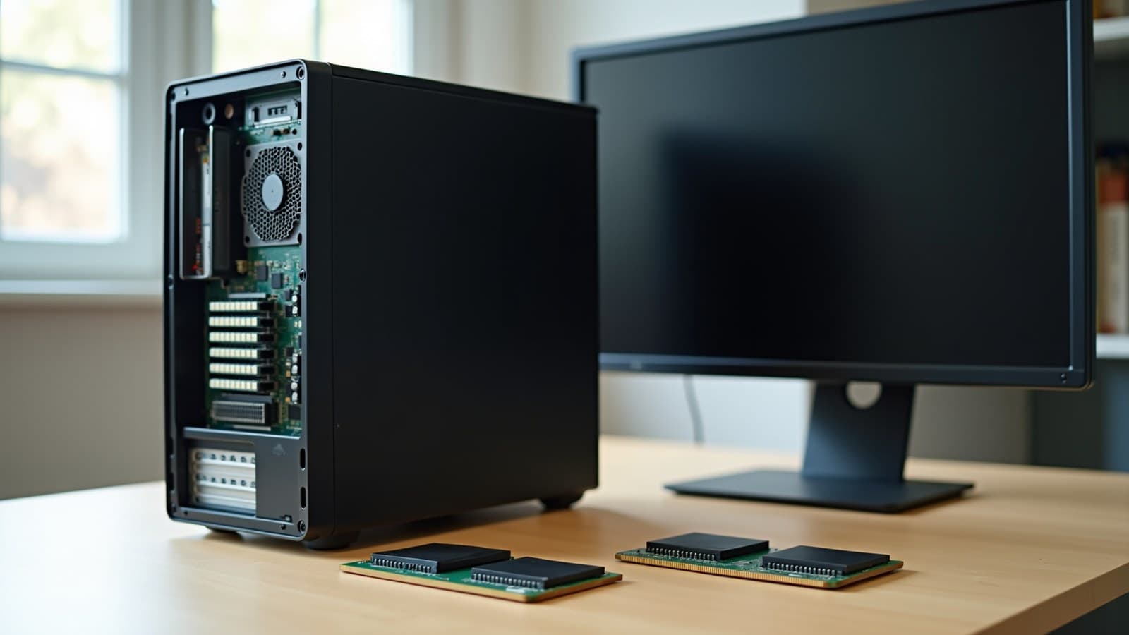 Gabinete de computador de mesa aberto sobre uma bancada, com dois pentes de memória RAM ao lado e um monitor apagado ao fundo