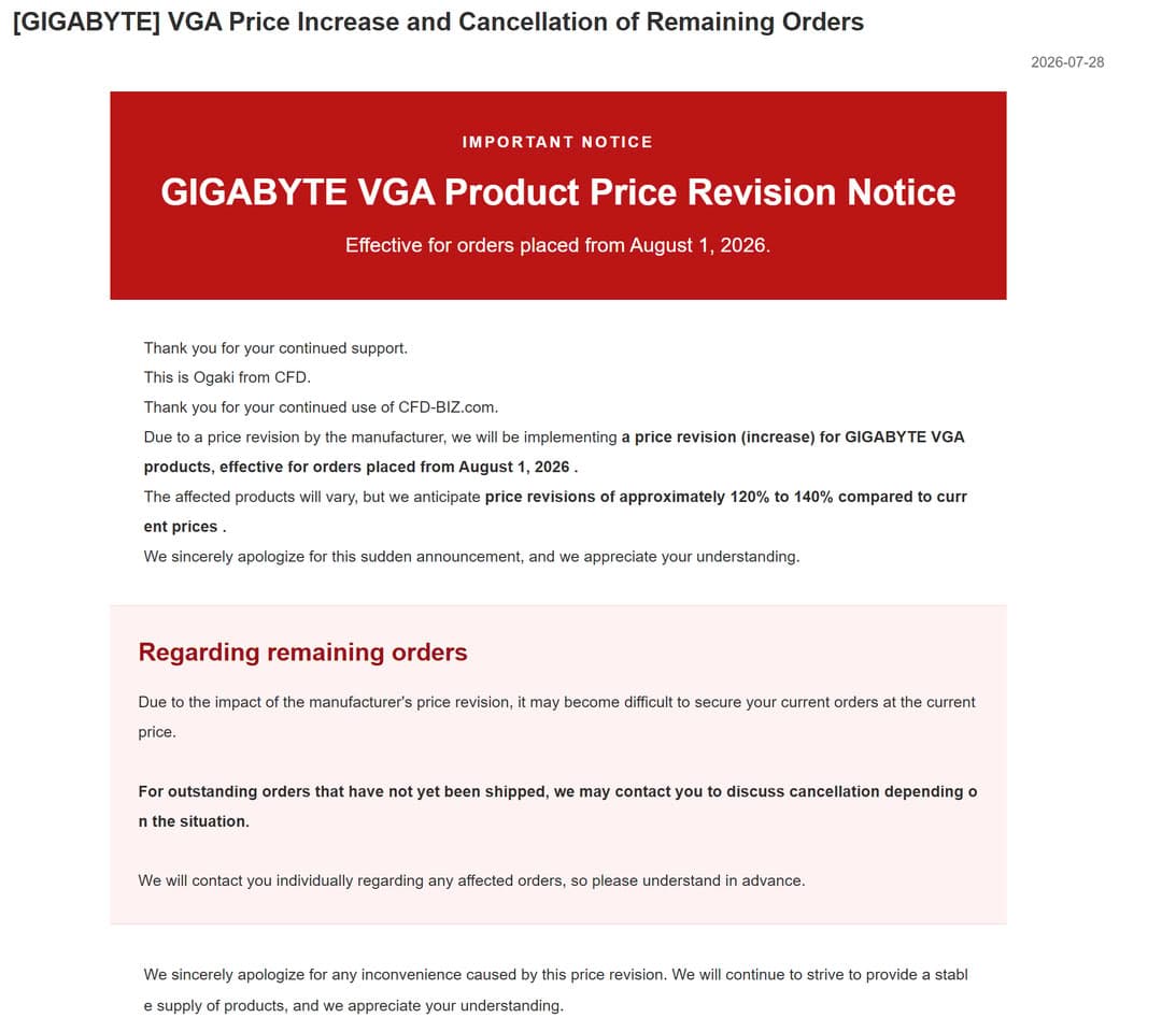 GIGABYTE Reportedly Hikes GPU Pricing by Up to 40% in Japan