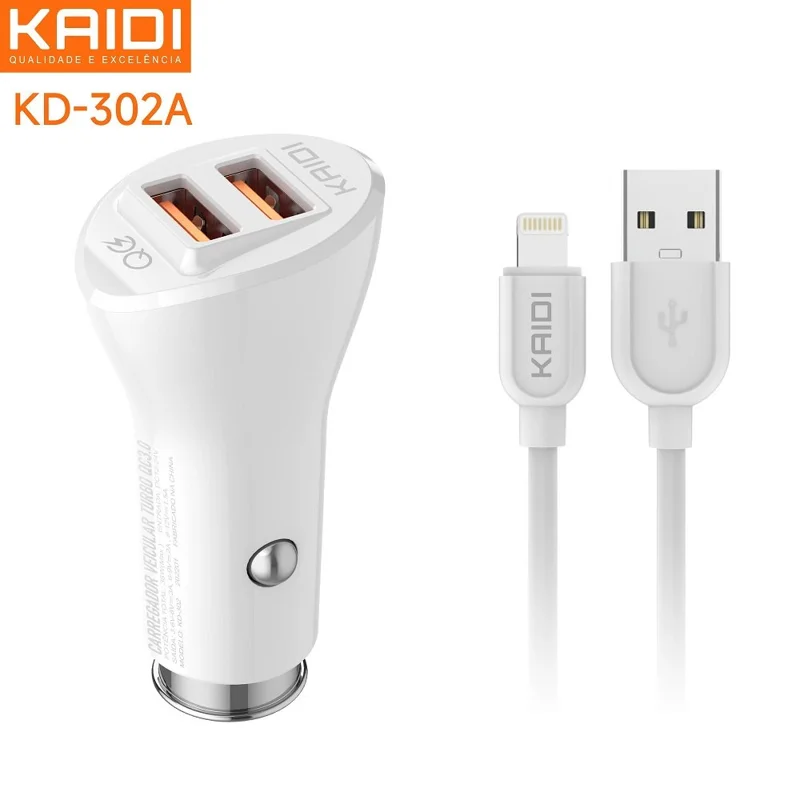 Carregador Veicular Kaidi Turbo com Cabo Lightning KD 302A
