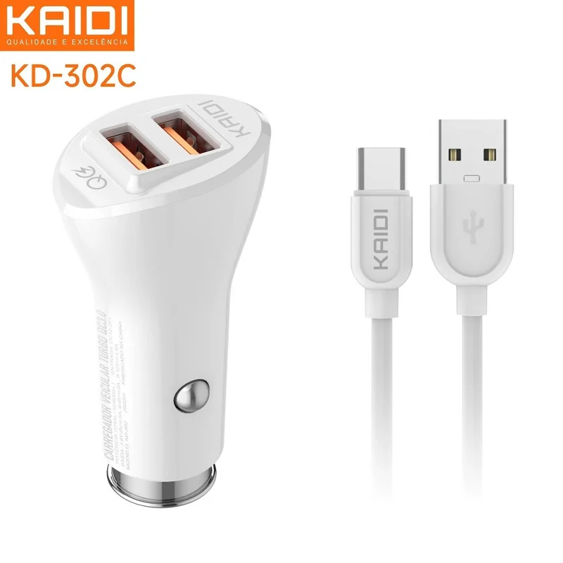 Carregador Veicular Kaidi Turbo com Cabo Tipo C KD 302C