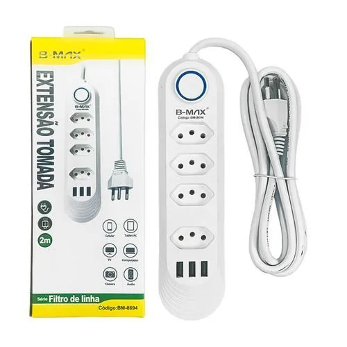 Filtro De Linha 4 Tomadas 3 USB 2 Metros B-Max BM 8694A