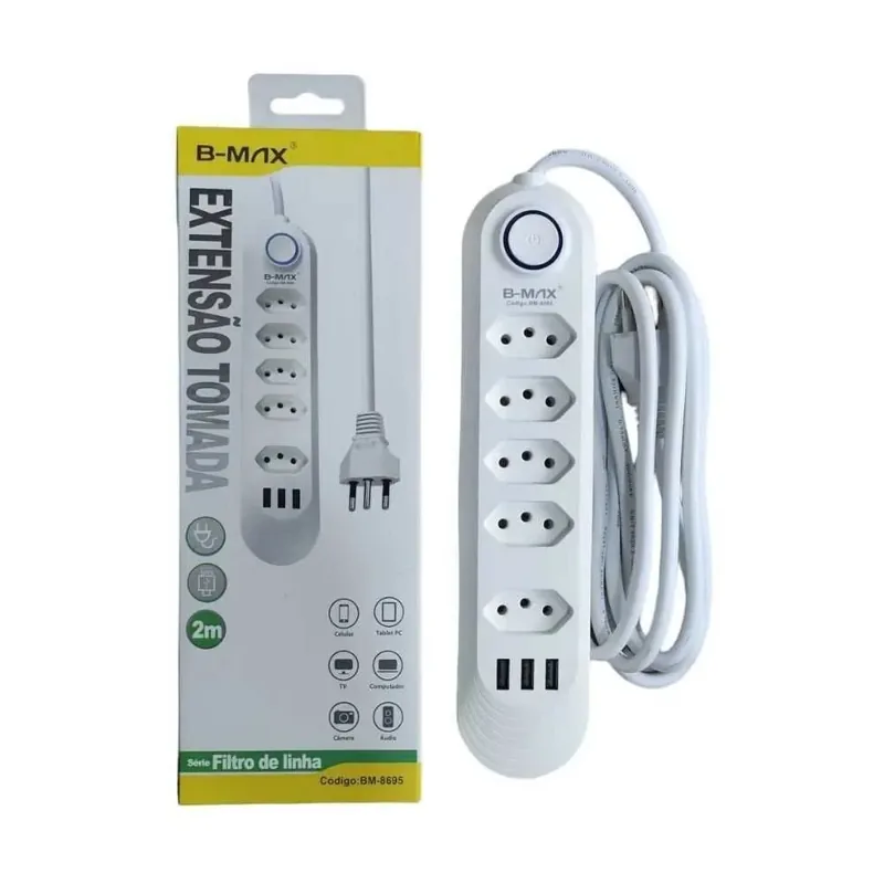 Filtro De Linha 5 Tomadas 3 USB 2 Metros B-Max BM 8695A